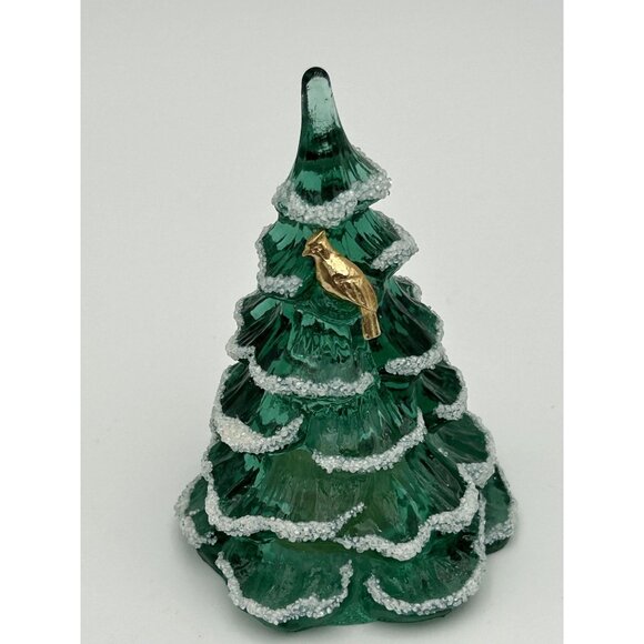 Fenton Green Christmas Tree Set 4" Gold Bird  3" With White Snow Accents Glass - Picture 2 of 10